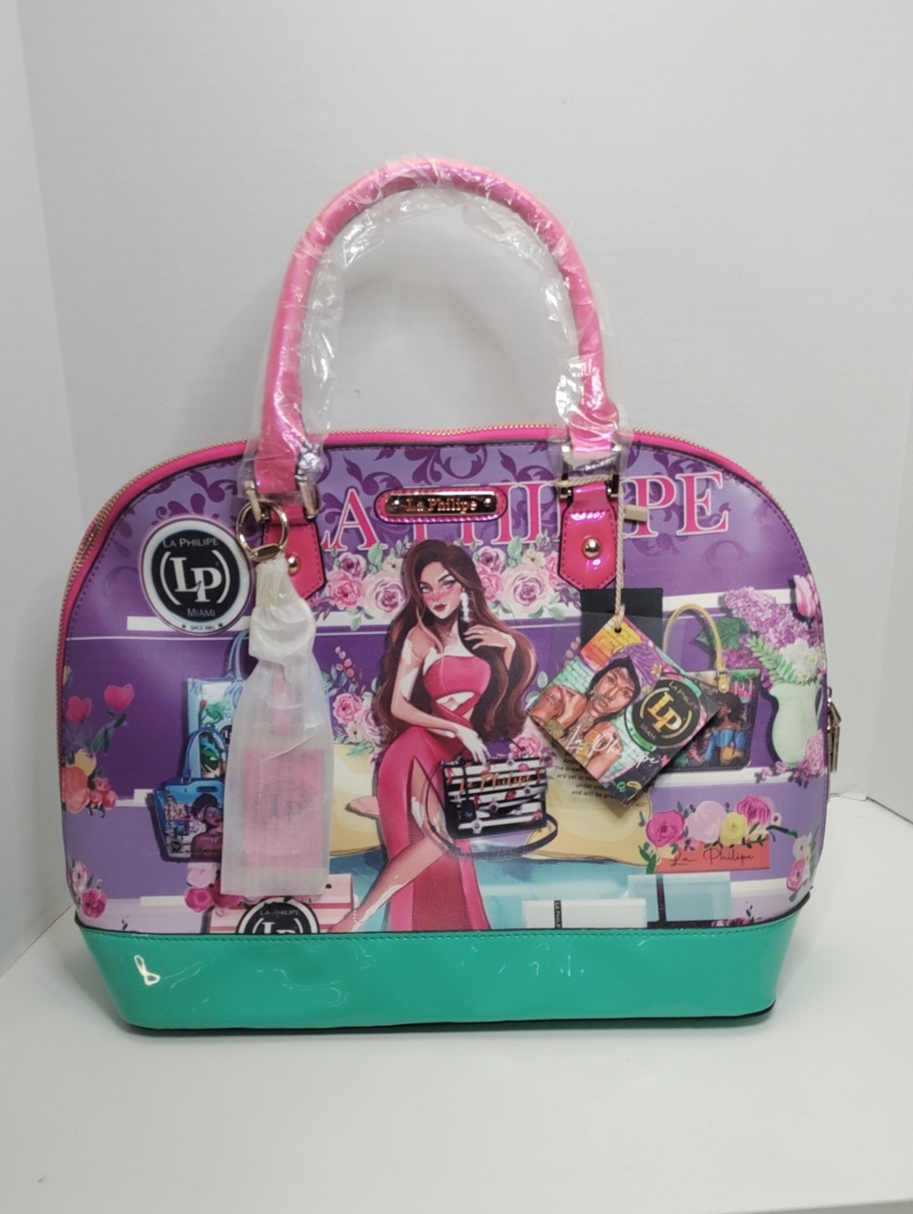 LA Philipe Pink & Teal Graphic Dome Handbag With Strap NWT With Dust Bag.